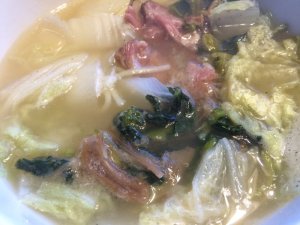 Smoked Pork Hock Noodle Soup with Napa Cabbage and Dried Green Vegetable