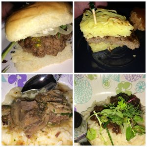 Slider, Ramen Burger, Wild Boar, and Red Wine Braised Something (sorry forgot) Risottos