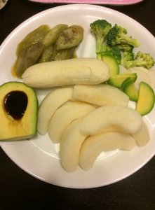Boiled Eggplant, Broccoli, Avocado, Pear, and Minion Food